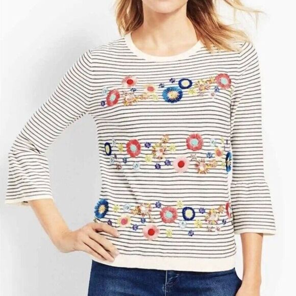 Talbots Sweater Medium Striped Floral Embroidery Beaded Embellish Bell Sleeve - Picture 2 of 16